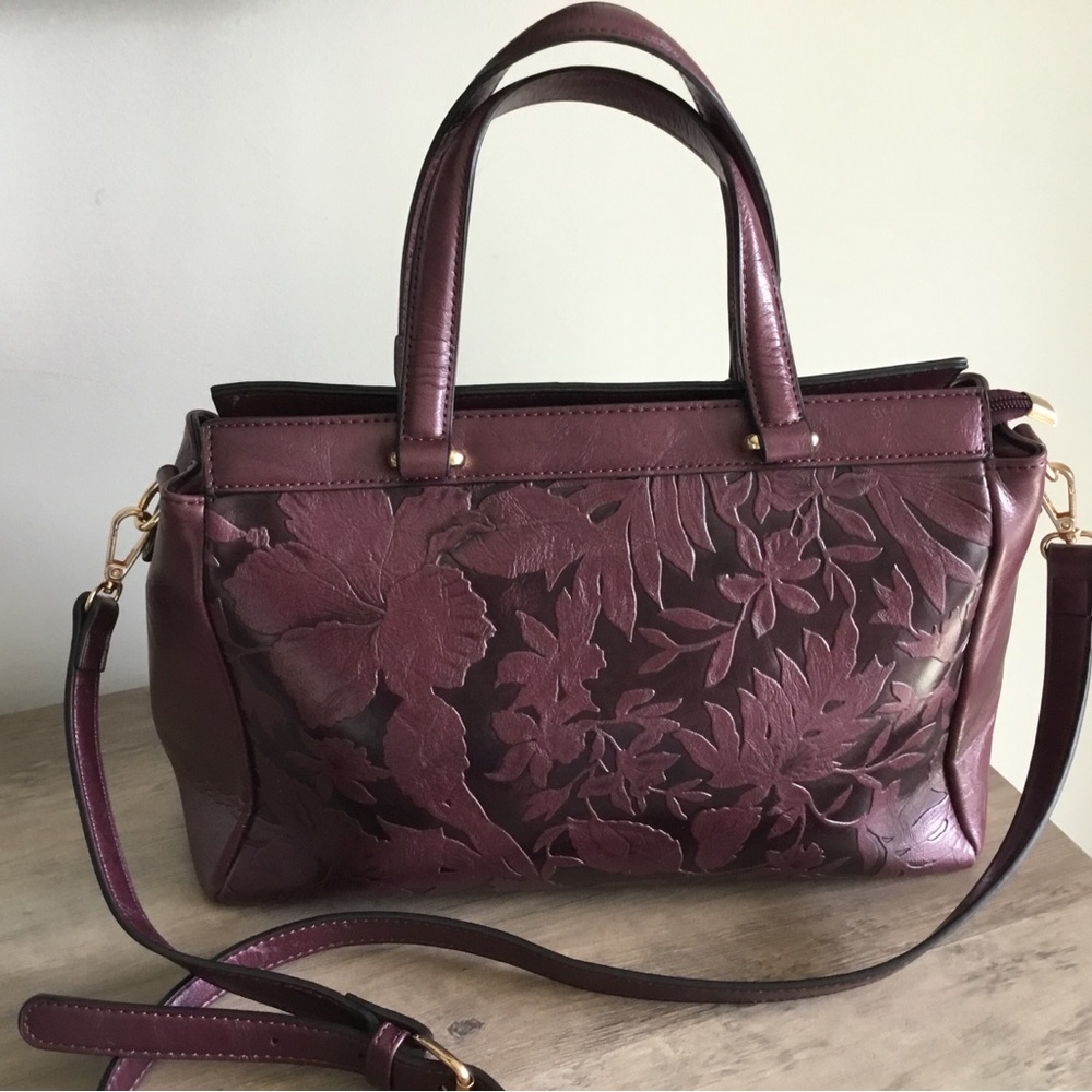 Mellow World Salome Floral Embossed Satchel Handbag Crossbody in Plum- 2 Straps - Picture 2 of 10